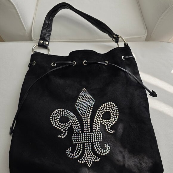Black Suede Iridescent Multi Color Crystal Fleur de Lis Hobo Tote Bag NEW - Picture 4 of 7